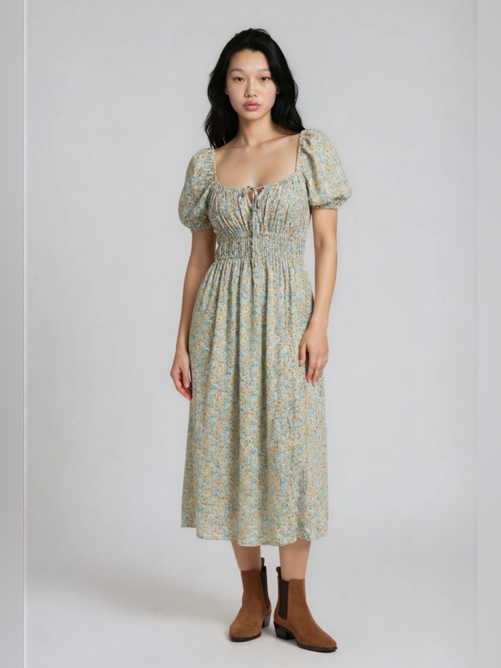 Faithfull The Brand Floral Linen Midi Dress Smocked Waist Puff Sleeve Slit M